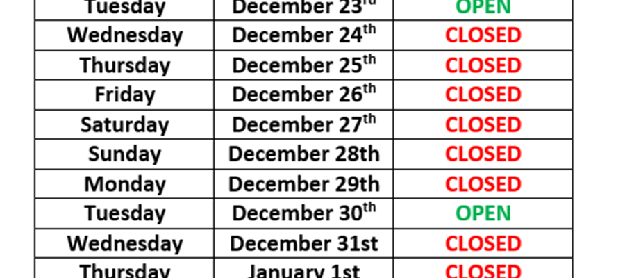 Christmas Opening Hours 2025